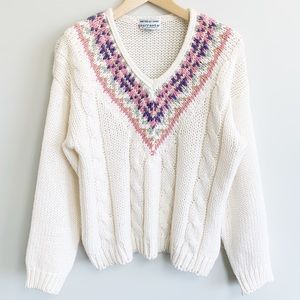 Hand knit cream chunky knit womens v neck sweater